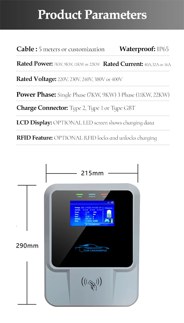 Wallbox 11kw Level 2 Fast Charging Station EV Wall Charger 32A Wall Mount OEM Electric Car Charger Type 2 Rfid Right Hand Ev W3x