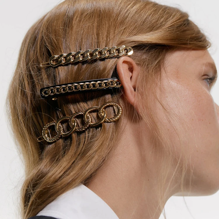 Geometric Alloy Chain Shaped Hair Pins 4pcs Set Simple Rectangle Resin Side Clip for Women New Fashion Hair Clip Accessories