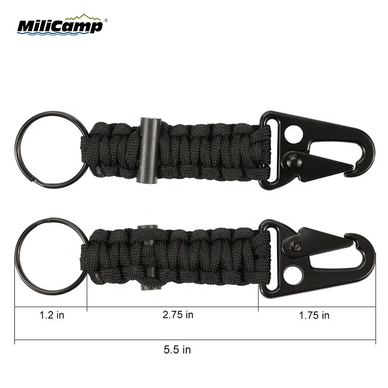 Custom Hiking camping paracord keychain with fire flint, hang metal buckle, key rings