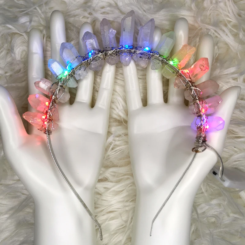 2022 LED luminescent natural crystal hair hoop pure hand web celebrity artifact hair hoop hair accessories custom for rave gears