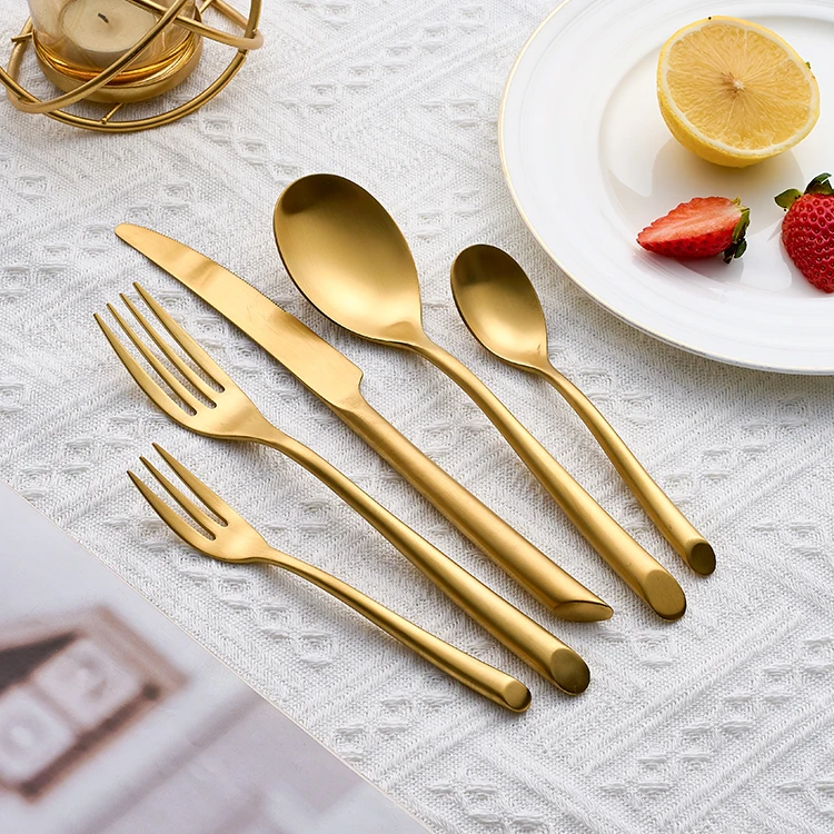 Heavy Weight Thick Handle Golden Matte Flatware Stainless Steel Wedding Event Cutlery Set