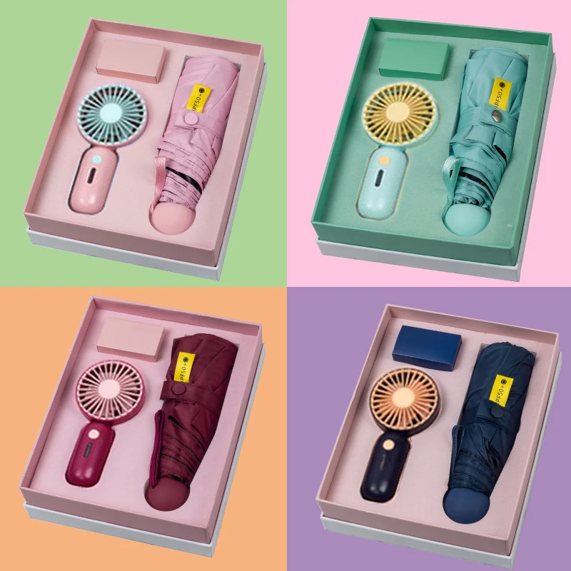 Umbrella And Fan Gift Set USB Mini Fan Portable Handheld Fan Umbrella Set Promotional Business Gifts