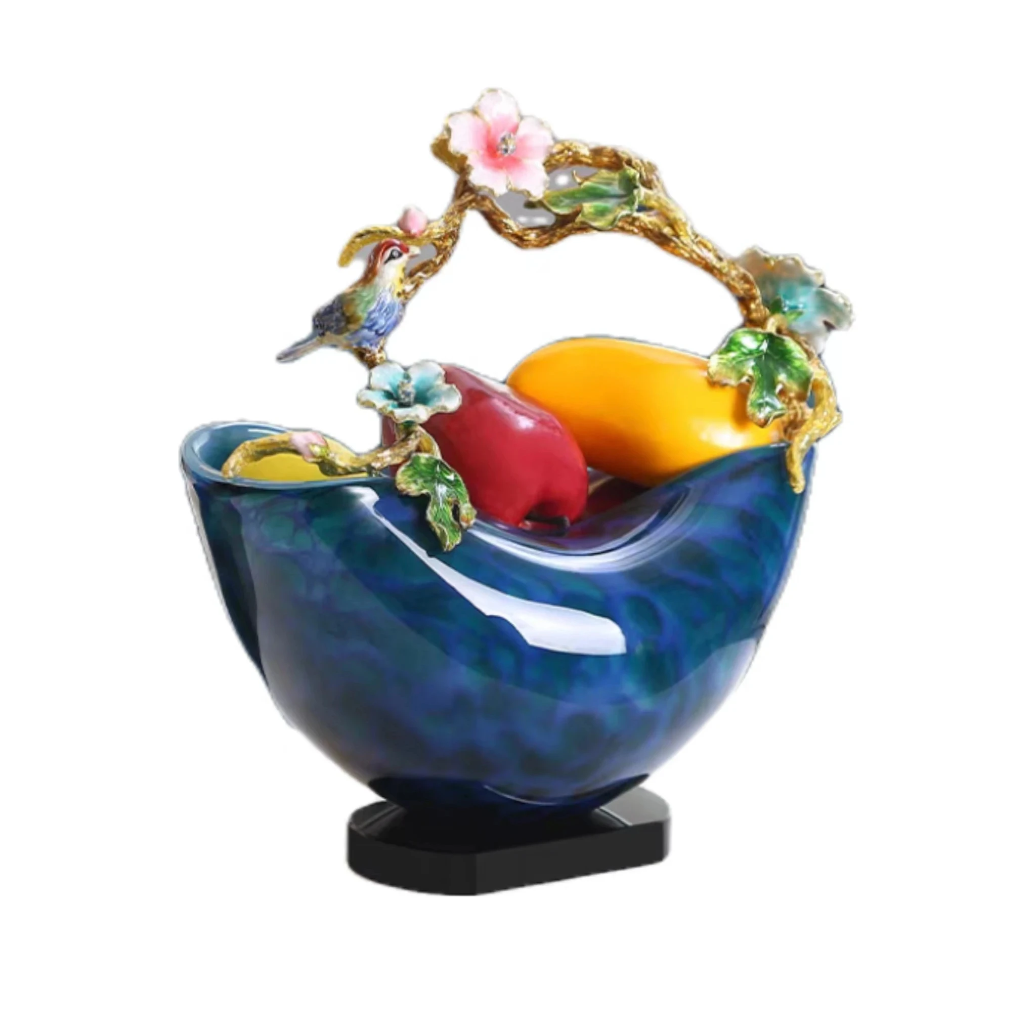 Made in China High-end Luxury Living Room Company Ornaments Flower Bird Pastoral Style Creative Metal Glass Fruit Plate