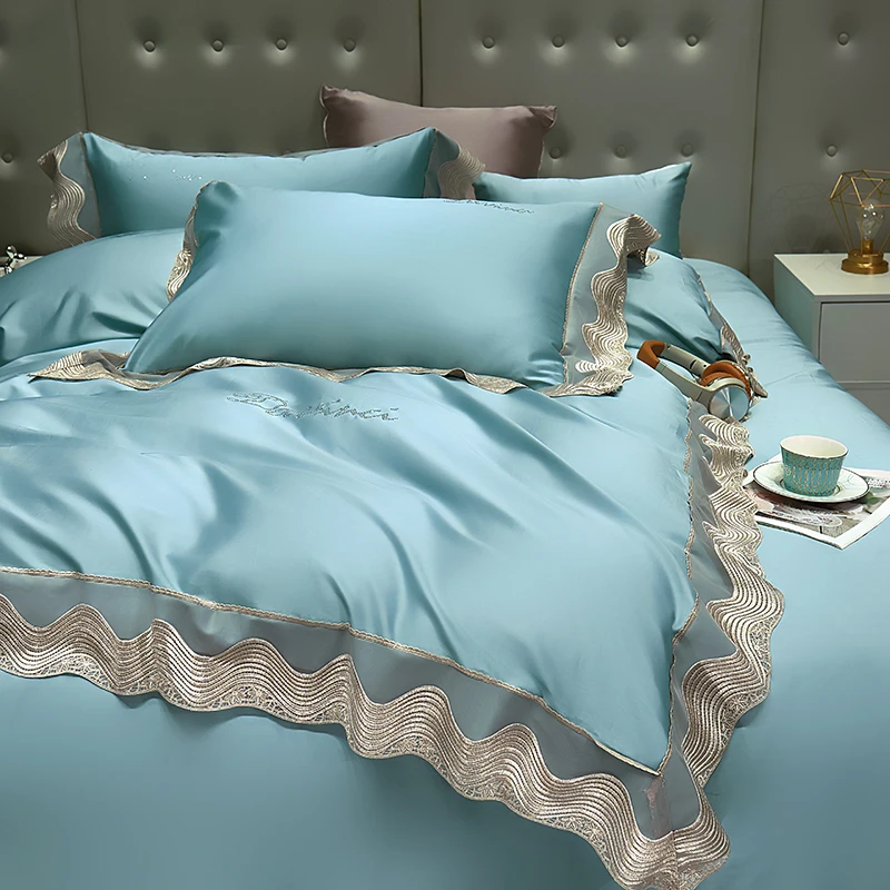 2023 New High-End Luxury Delicate 100S Egyptian Cotton Embroidery 4pcs Bedding set with lace with different sizes and colors