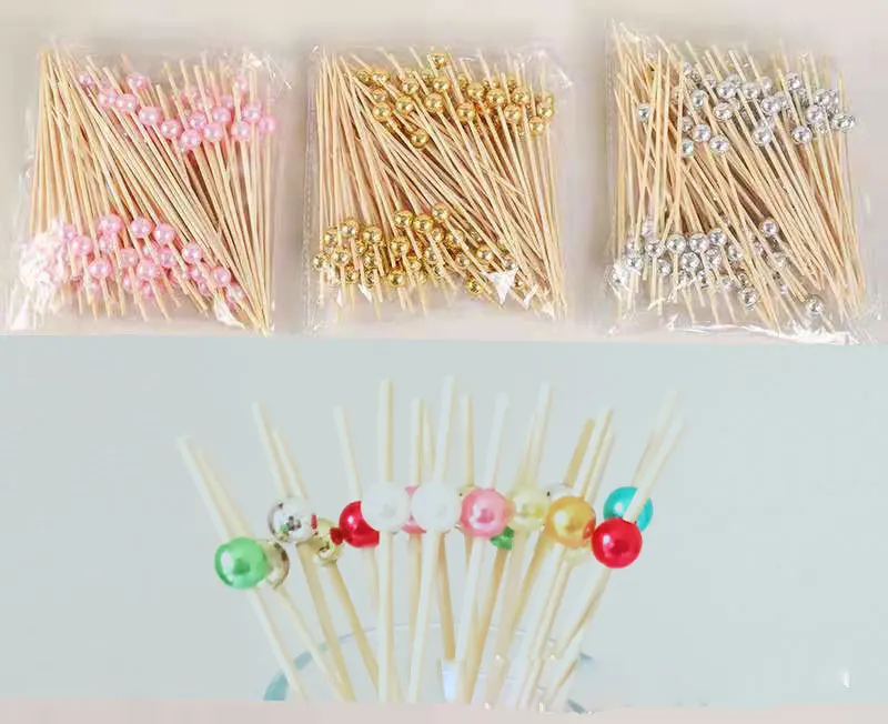Gold ball silver ball fruit sticks prod disposable cocktail bamboo stick mixed color pearl