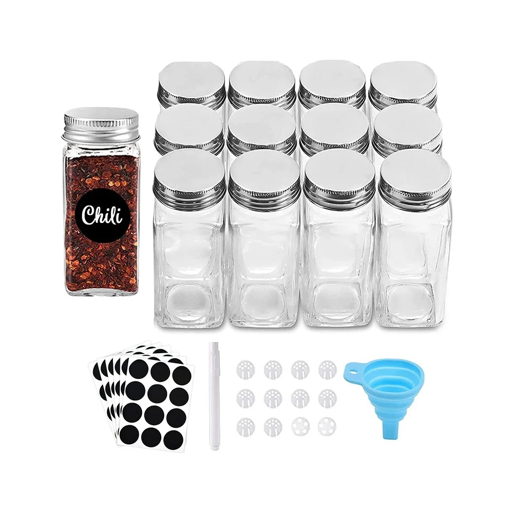 Glass Spice Jars with Spice Labels and Funnel Empty Square Spice Storage Bottles Containers with Shaker/Pour Lids 4oz 6oz