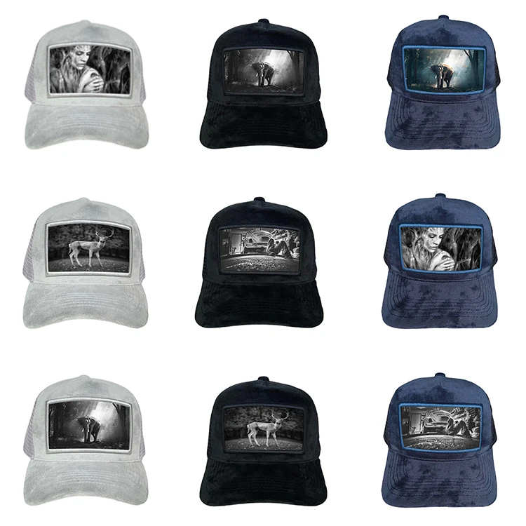2023 Design Your Own Velvet 5 Panel Trucker Cap Mesh Baseball Cap Velvet Trucker Cap With Custom Print Patch