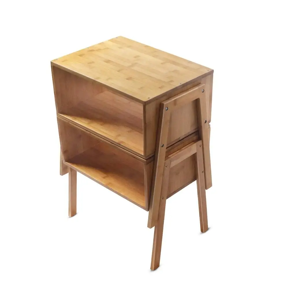  Set of 2 Luxury wooden stackable end table side nightstand bamboo