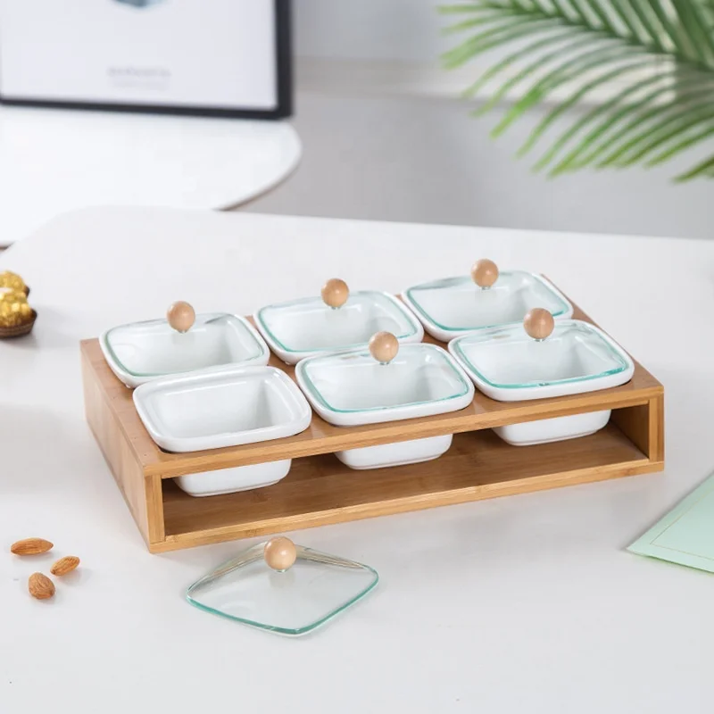 Snacks Nuts Leisure Dry Ceramic Tableware Fruit Plate Dish Glass Cover Bamboo Bottom Tray