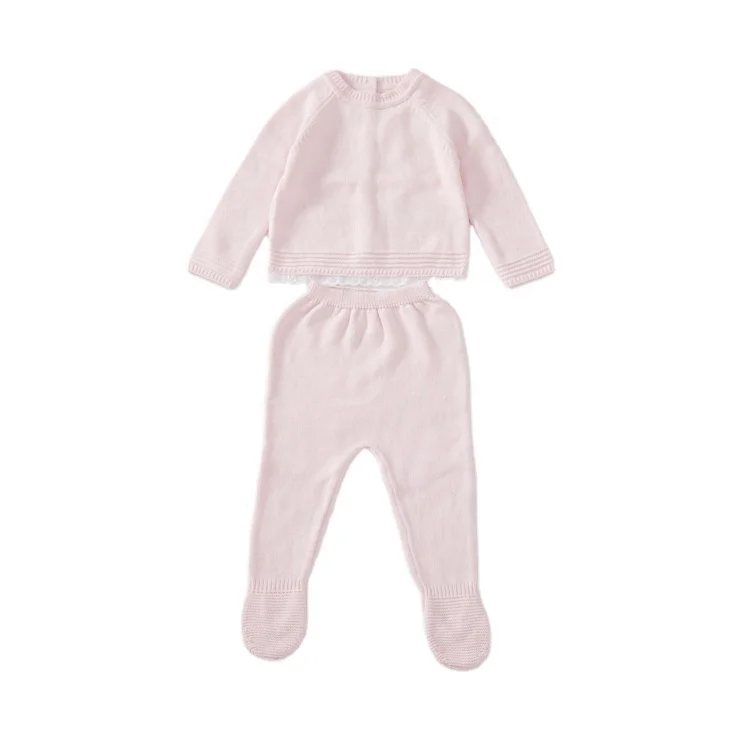 Хлопковый вязаный детский свитер OEM/ODM, комплект из 2 предметов, кружевной топ с геометрическим низом, комбинезон с чулками, вязаные комплекты одежды для маленьких девочек