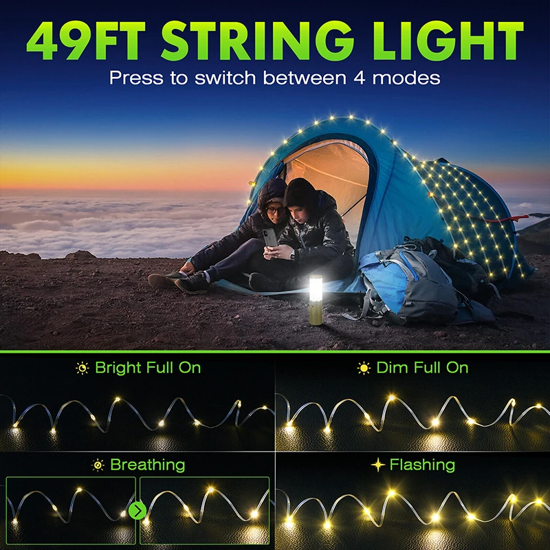 Portable Multiple Light Source Camping Lantern USB Rechargeable Camping LED Tent Hanging Ambiance Warm LED String Lights