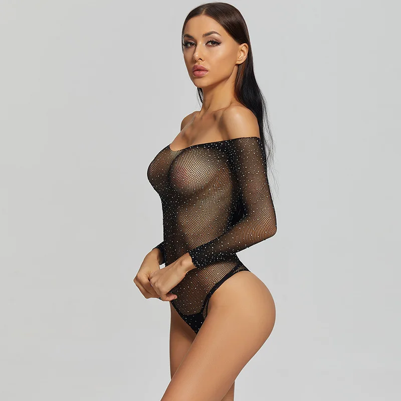 Nylon Rhinestone Bodysuit Bodystockings Nude Black Color Long Sleeved One Size Hollow out Decoration ODM lingerie costume