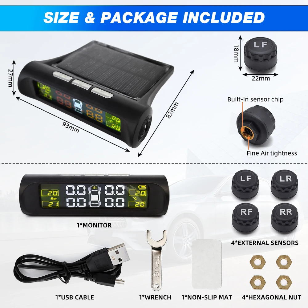 Car TPMS Tire Safety Monitoring System Solar Power Digital LCD Display Auto Security Alarm External Tyre Pressure Sensor