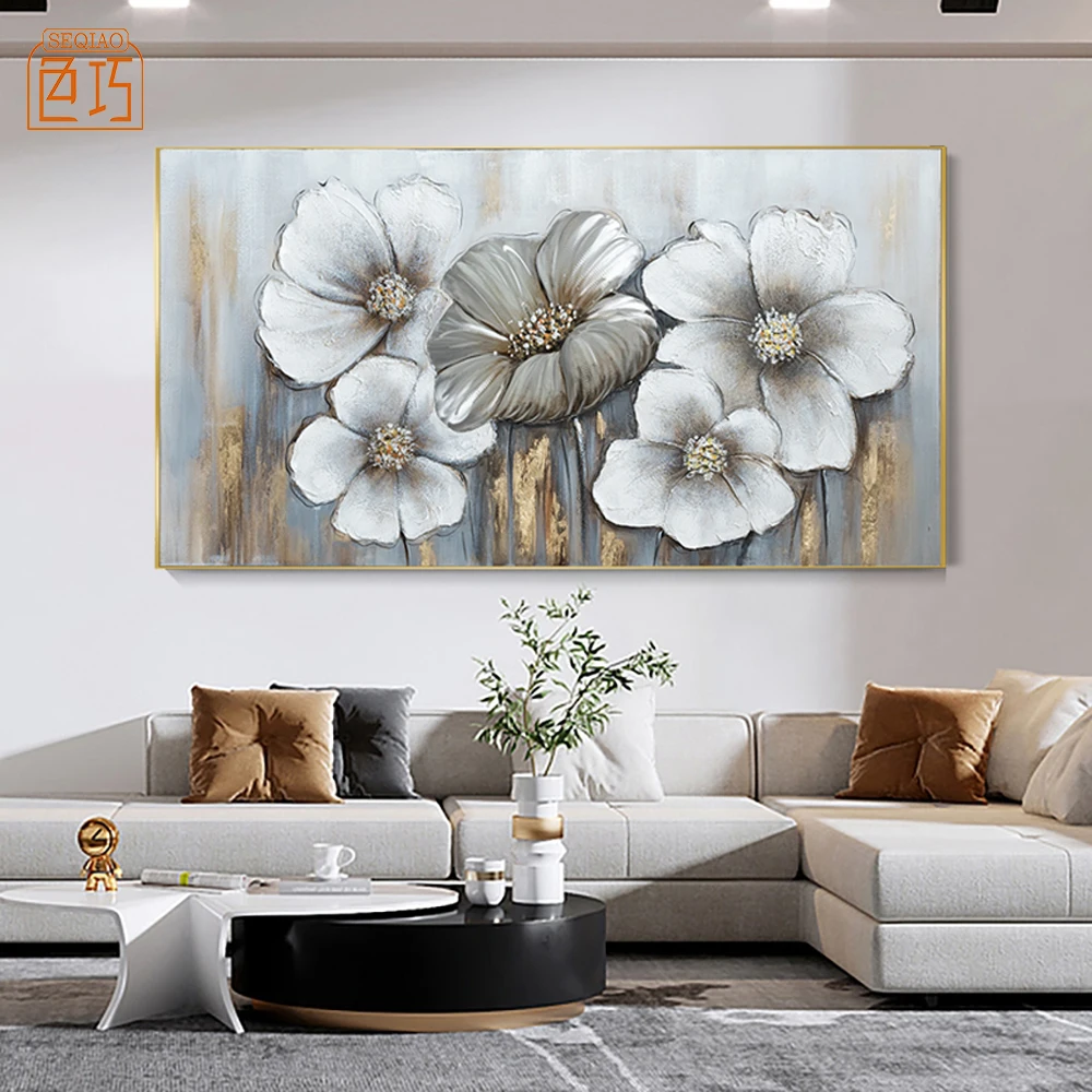 100% Hand Painted Metal Painting Large Modern Abstract Blue Flowers  Wall Frame Picture Artwork Office Decor