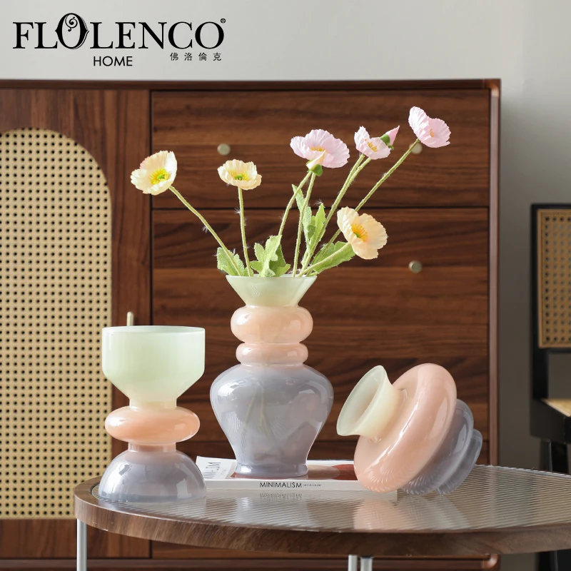 Flolenco Glass Art Crafts Decoration Flower Vase Morandi Color Blocking Design Tabletop Glass Vase for Home Decor