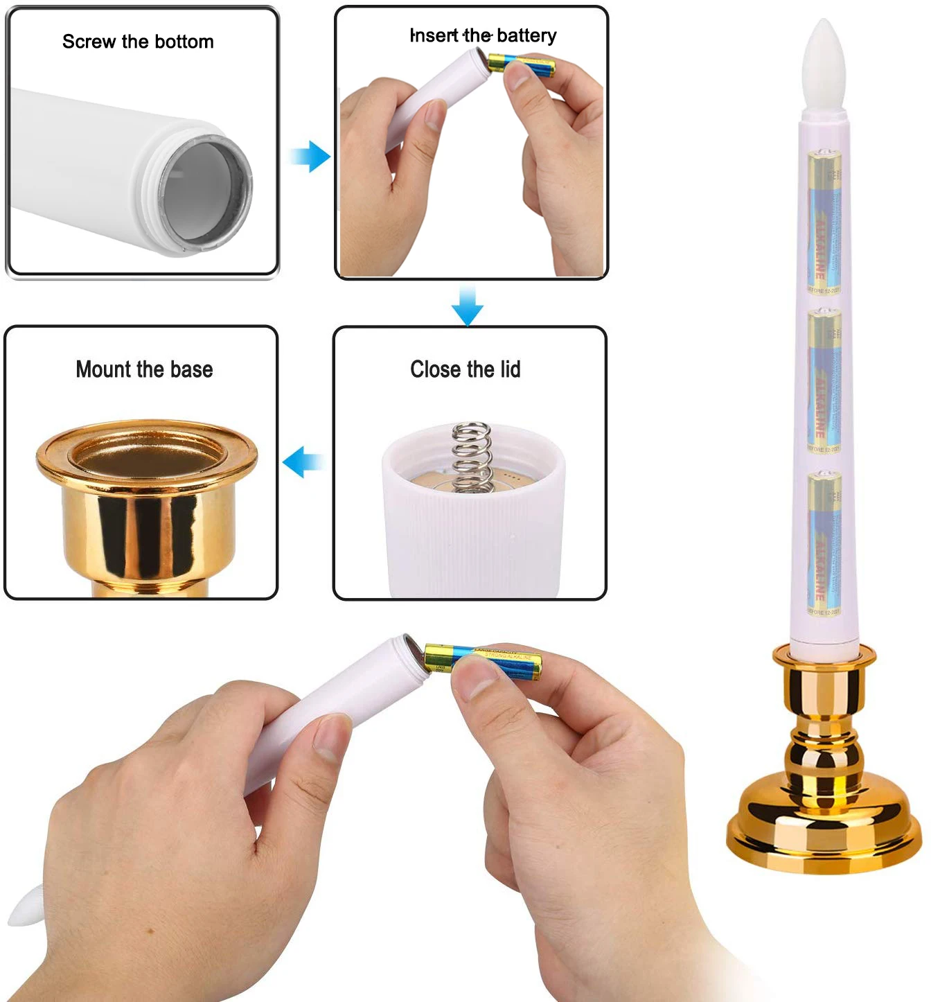 
Flameless White LED Taper Candles with Gold Removable Candle Holders 