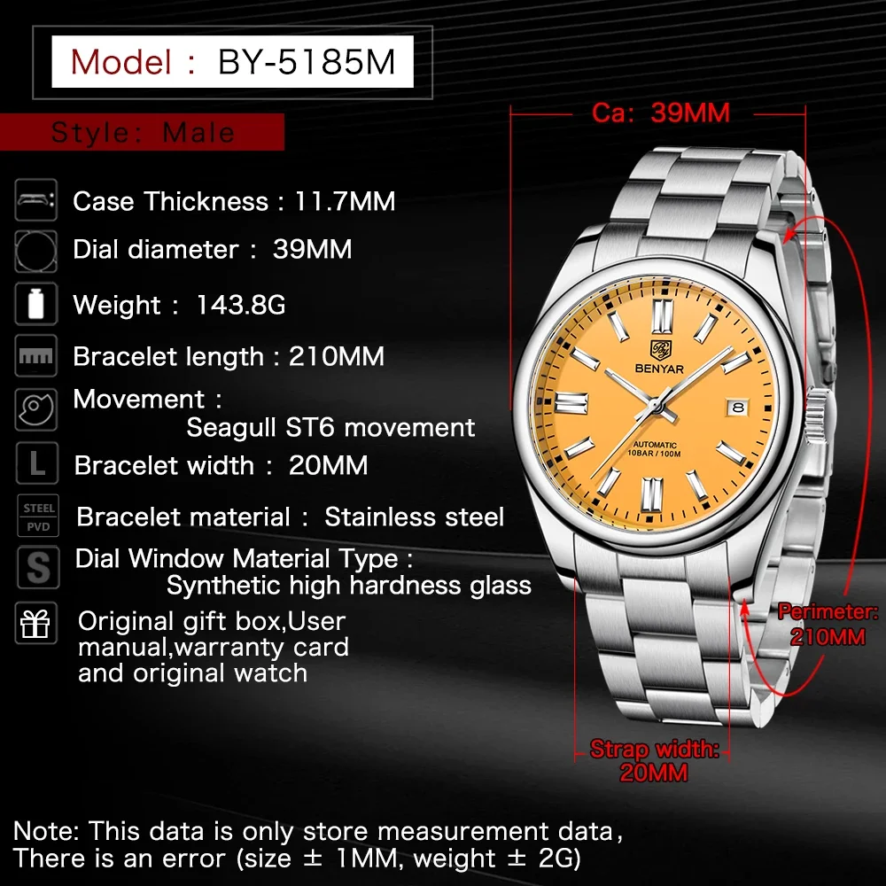 Luxury Brand BENYAR New Men Automatic Mechanical Watches BY-5185 Men Business Sport 100m Waterproof Watches Reloj Hombre