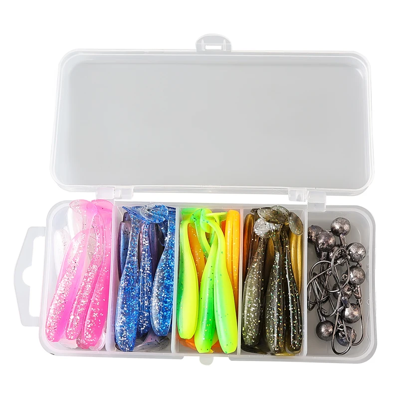 25pcs 50pcs 100pcs 6cm 7cm 9.5cm Soft Fishing Lure Set Lead Head Hook Set 10 Colors T Tail Bionic Artificial Soft Baits