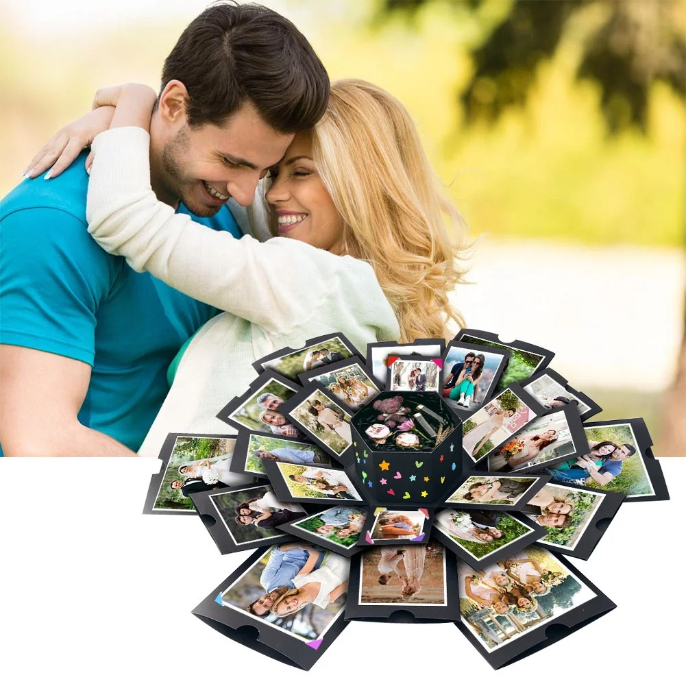 Ourwarm DIY Love Photo Album Creative Black Hexagonal Surprise Paper Gift Explosion Box Set for Birthdays
