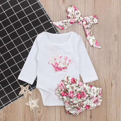 0-24M Newborn Baby Girls Clothes Set Princess Crown Bodysuit Romper Shorts Headband 3PCS Outfit Toddler Clothing Bebek Giyim