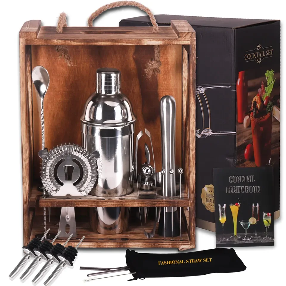Cheap Price 18 Piece Luxury Bar Set Cocktail Gift Sets 304 Stainless Steel Shaker With Wooden Stand Metal Straws