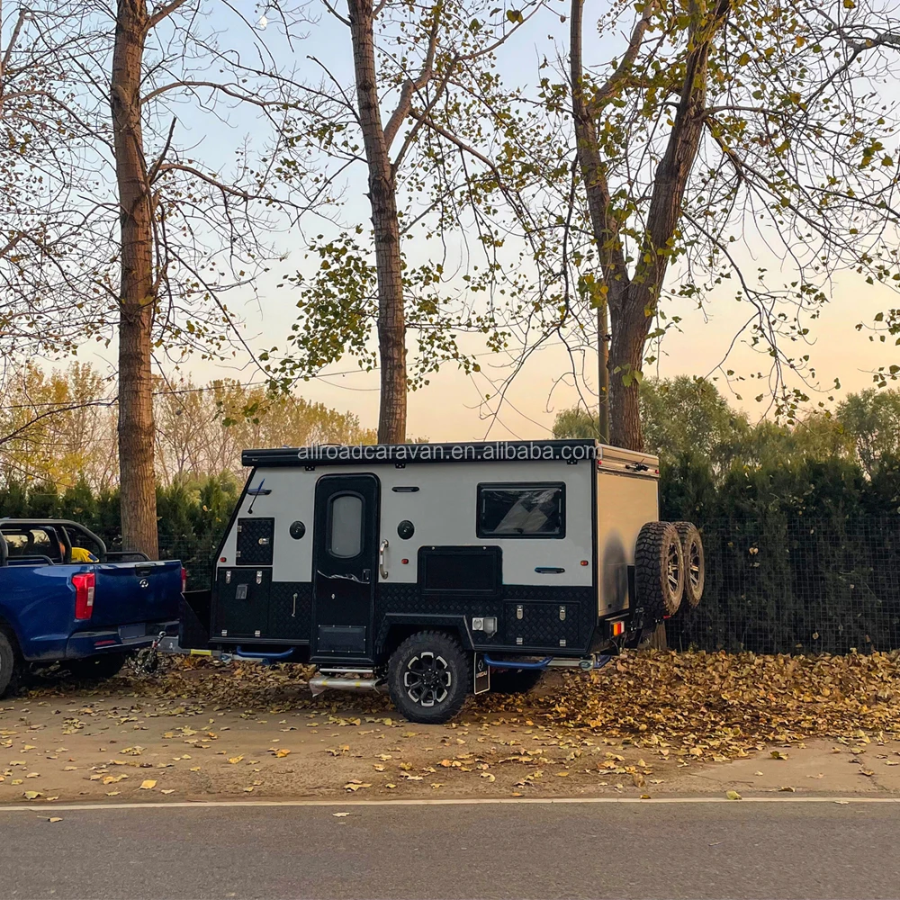 2024 New 12ft Offroad Caravan 4x4 Aluminum Camper Trailer with Slide-out Kitchen and Tent for Camping