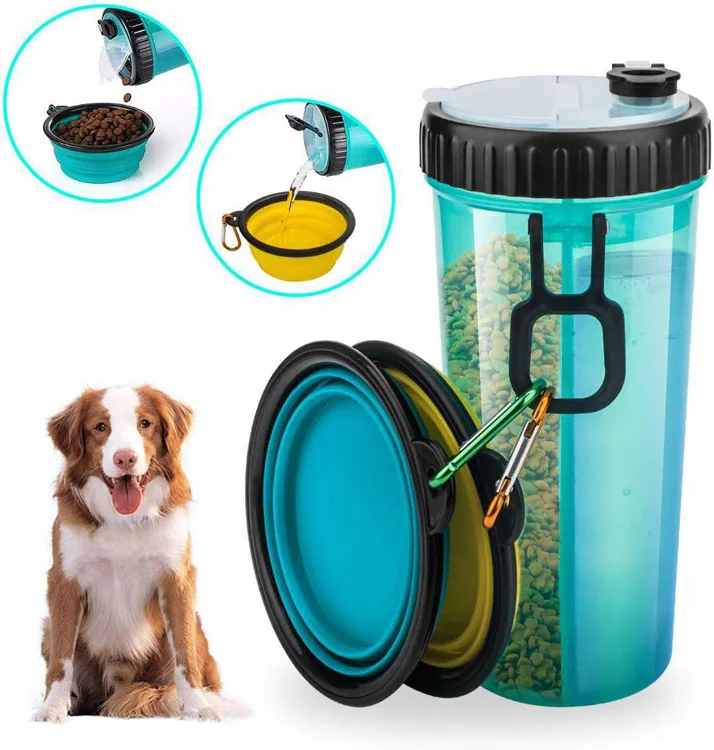 Hot Sale Portable Dog Drinking Water Bottle Outdoor Travel Pet Feeder Water and Food 2 in 1 Dog Water Bottle with Dog Food Bowls