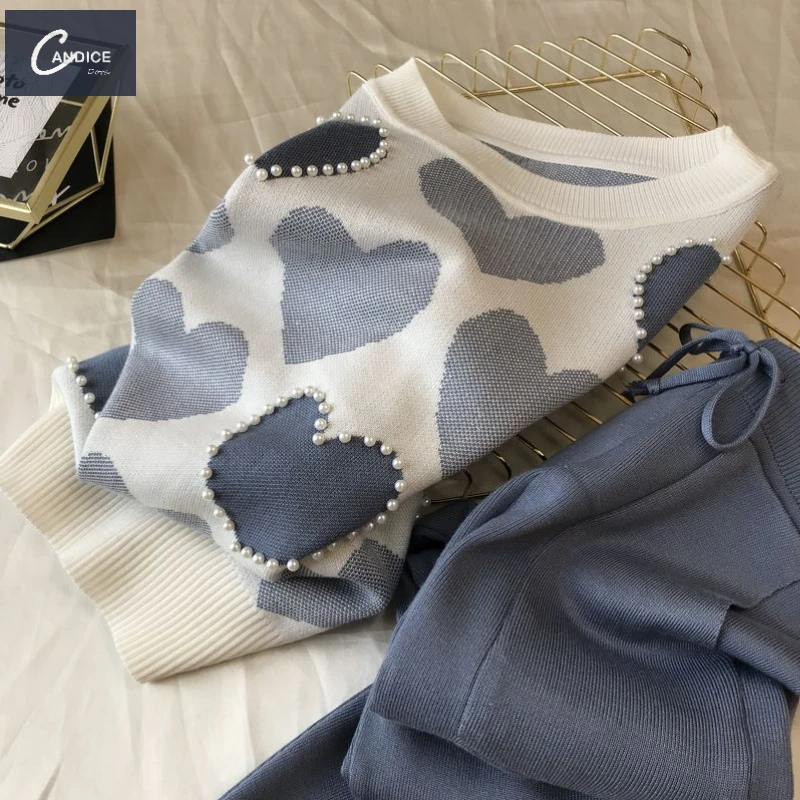 Candice high quality sweater hoodie and long pants suit elegant Beaded knit winter 2 piece sets for women