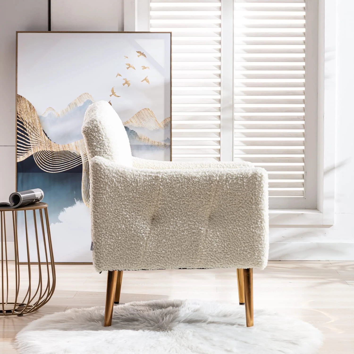 Modern Living Room Accent Arm Chair Tufted Decorative White Single Sofa Fabric with Gold Metal Legs