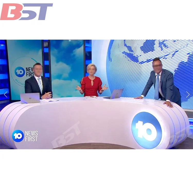 Customized White Arc Shape broadcast table of Radio TV Broadcasting Equipment  TV news desk