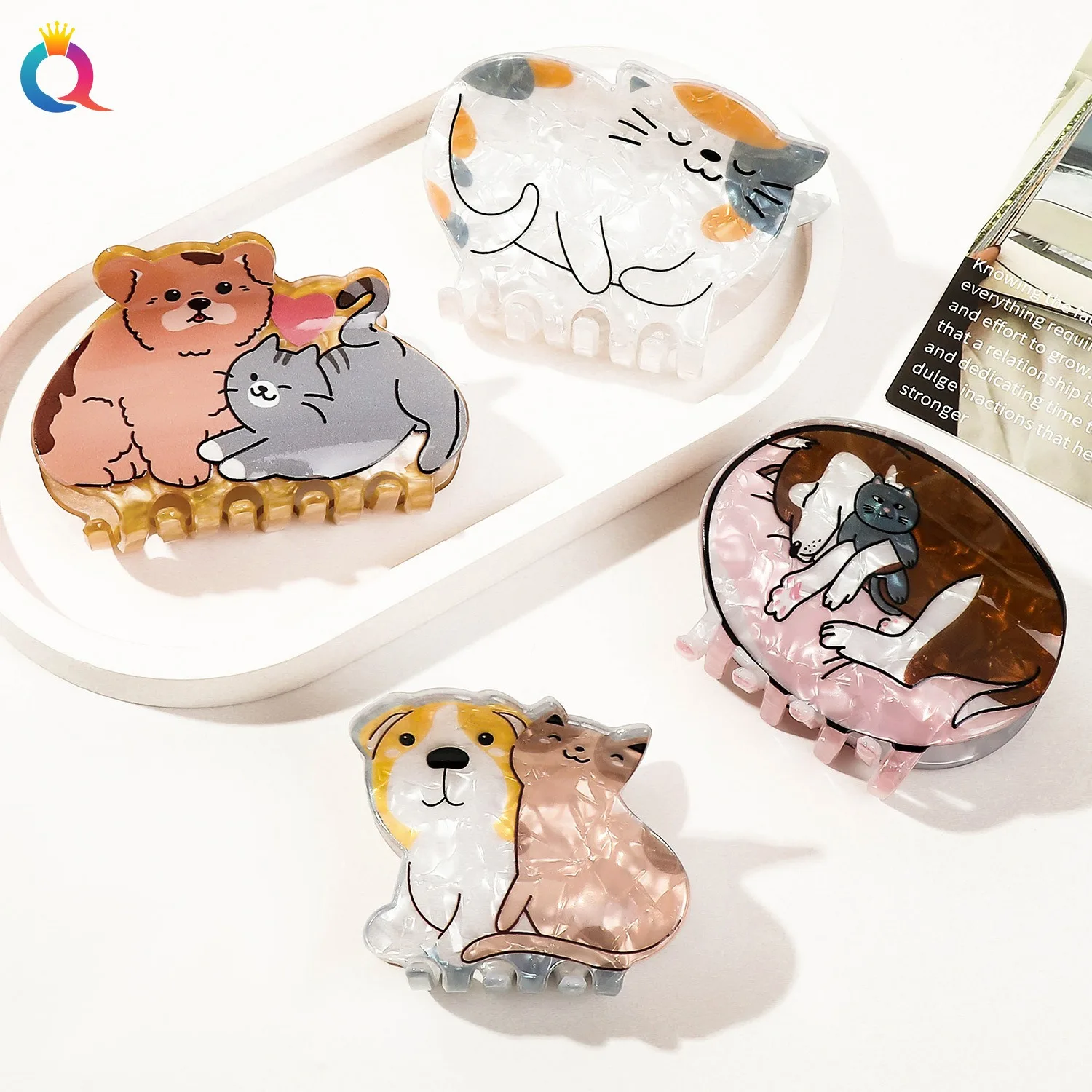 QIYUE PVC animal hair clip Little Wolf dog sleepy cat print hair claw clip