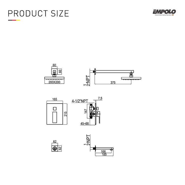 Empolo Luxury Switch Shower Waterfall Square Shower Head Concealed 3 Functions Black Shower