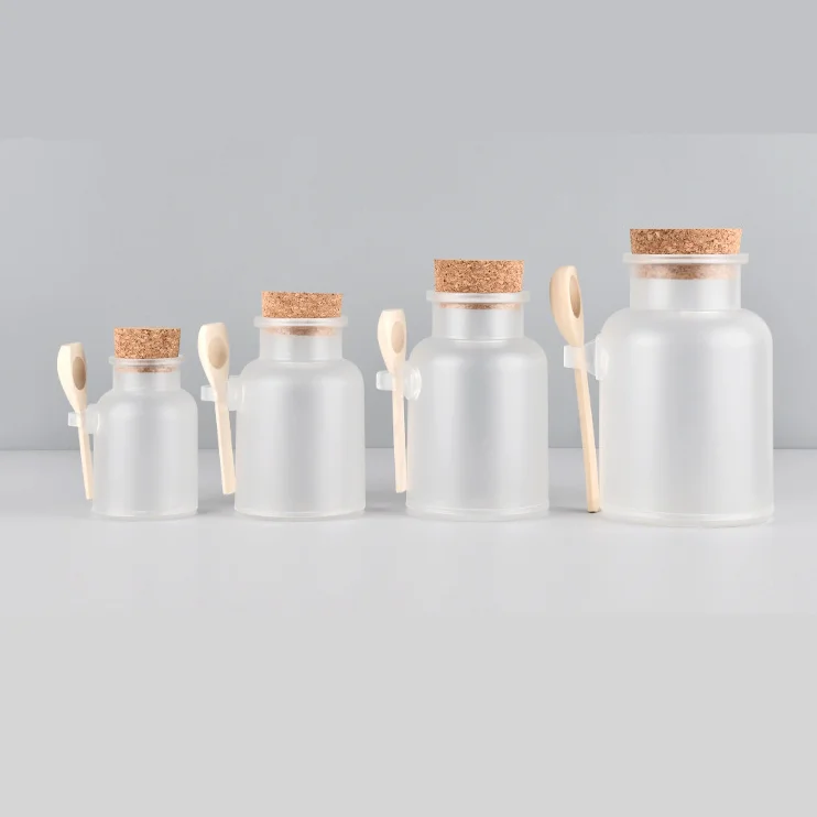 100g 200g 300g 500g Plastic black white transparent frosted round square Bath Salt Bottle With cork And Wooden Spoon Steel scoop