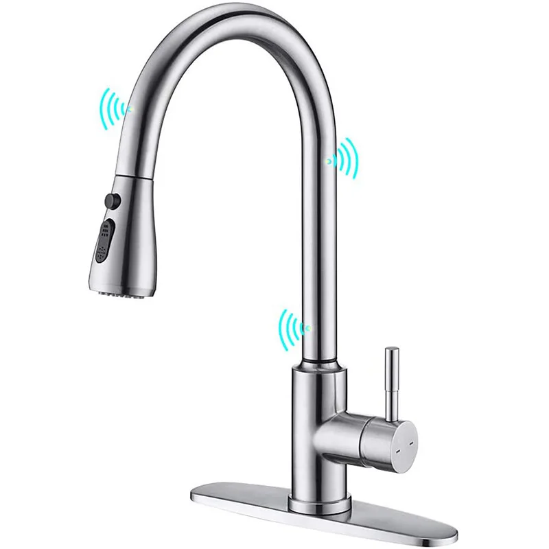 Luxury Modern Single-Handle Kitchen Faucet Touch Sensor Pull-Out Sink Design Single-Hole Mount Ceramic Intelligent Metered