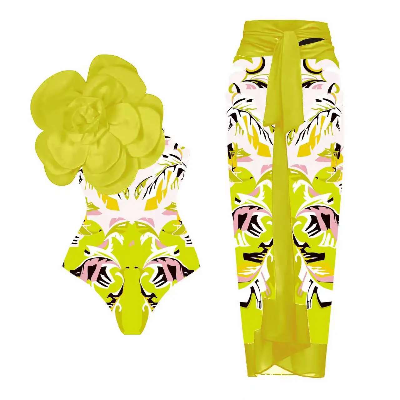 Sexy Swimwear Blue One-Shoulder Ruffled Print Floral Swimsuit Set Girls Summer Beach Cover Up Single Piece Micro Monokini