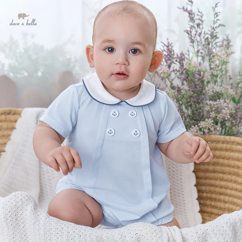 DB2241221 DAVE BELLA New Born Jumpsuit 2024 Summer New Baby Boys Fashion Casual Cotton Light Blue Romper