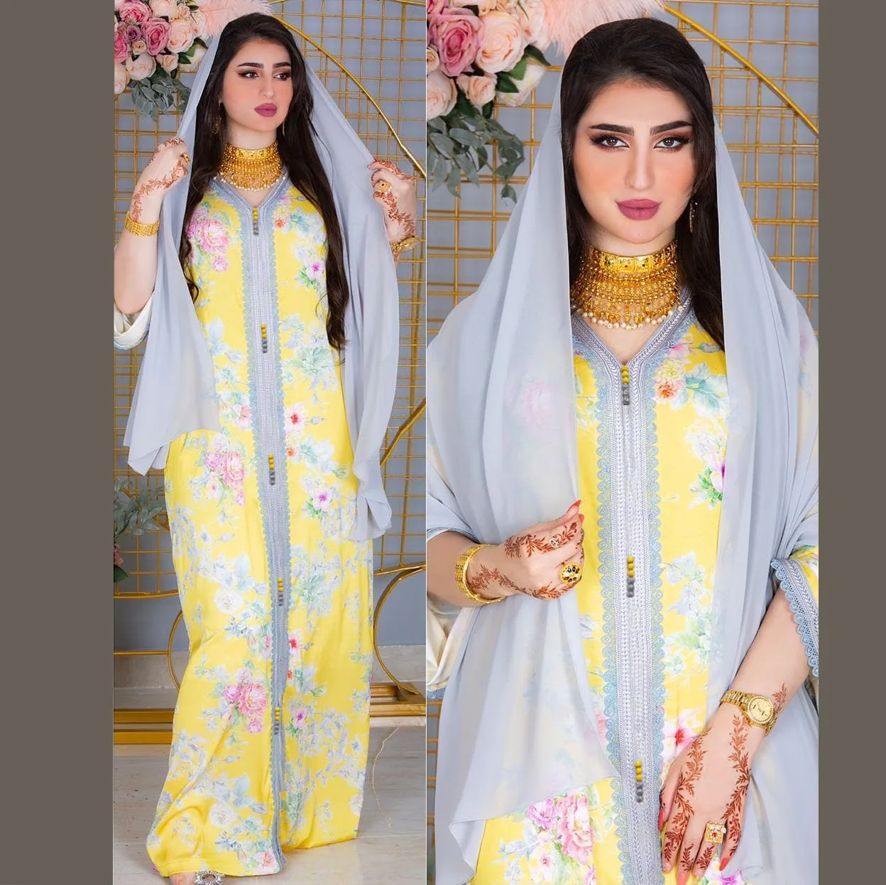 2022 new abaya dress yellow color floral pattern long sleeves dubai Islamic clothing