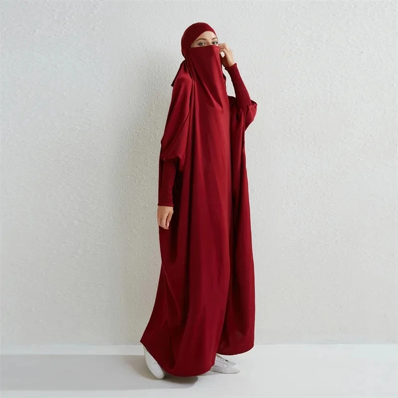 Dubai modest Muslim khimar hijab Abaya Hooded Smocking pleated Sleeve One-piece Prayer Dress Women Jilbab Islamic Clothing