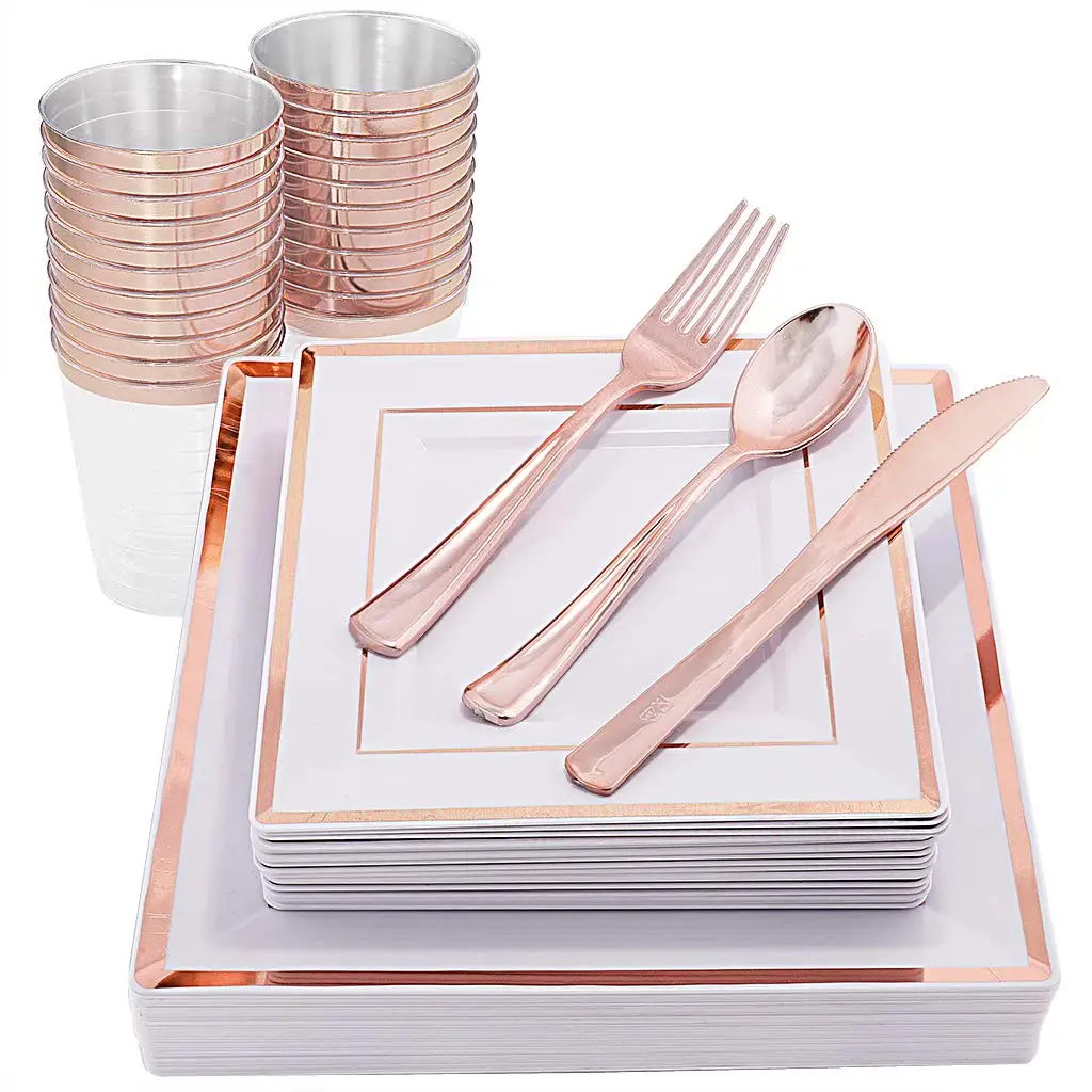 150pcs Disposable Plastic Square Tableware include 9.5in and 7in plate/knifes/forck/spoon/cup for 25 people party set or wedding