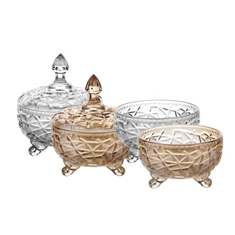 Hot selling clear glass storage jar sugar pot gold plating glass candy jar engraved designs elegant jar with stands
