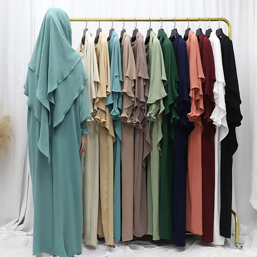 2024 Two Piece Hot Sale Muslim Fashion High Quality Casual Jilbab Ice Silk Crepe Khimar With Inner Long Dress Women  Clothing
