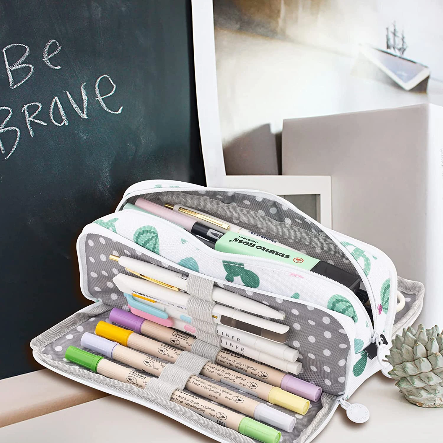 Pencil Case Big Capacity 3 Compartments Canvas Pencil Pouch Green Cactus Design For Teen Boys Girls School Students Kids