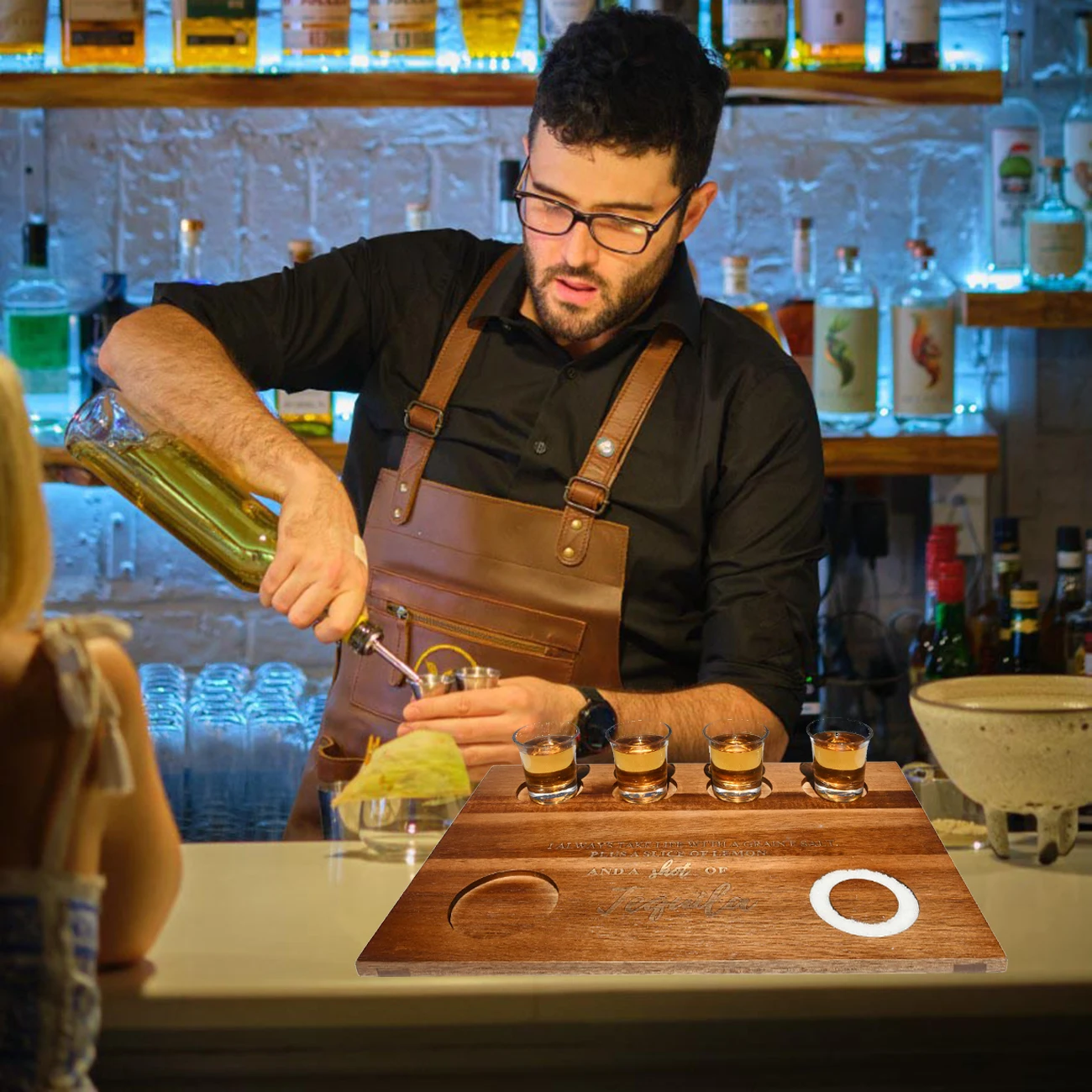 Liquor Parties Weddings Housewarmings Large Shot Glasses Serving Tray Holder Wooden Bar Display Case Storage with Salt Rim