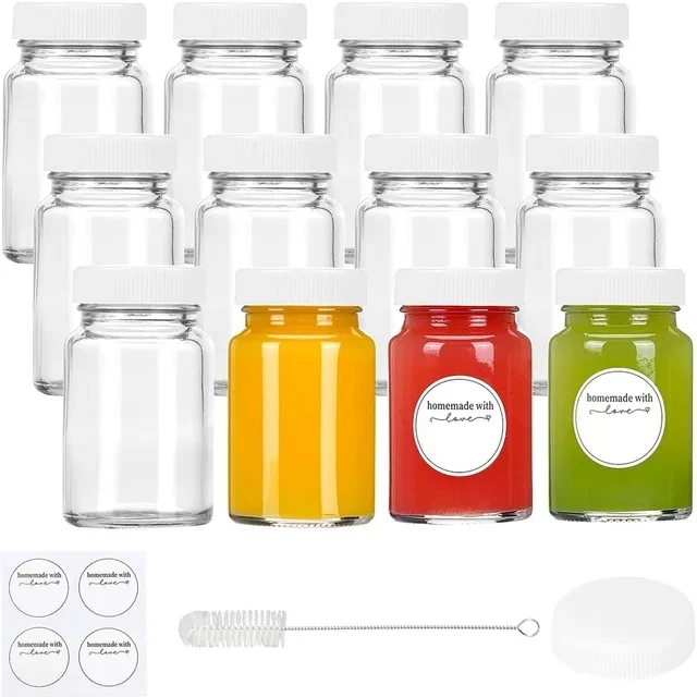 2oz Small Clear Glass Bottles with Lids for Liquids, Wide Mouth Short Jars with Caps Mini Glass Juice Bottles for Potion, Ginger