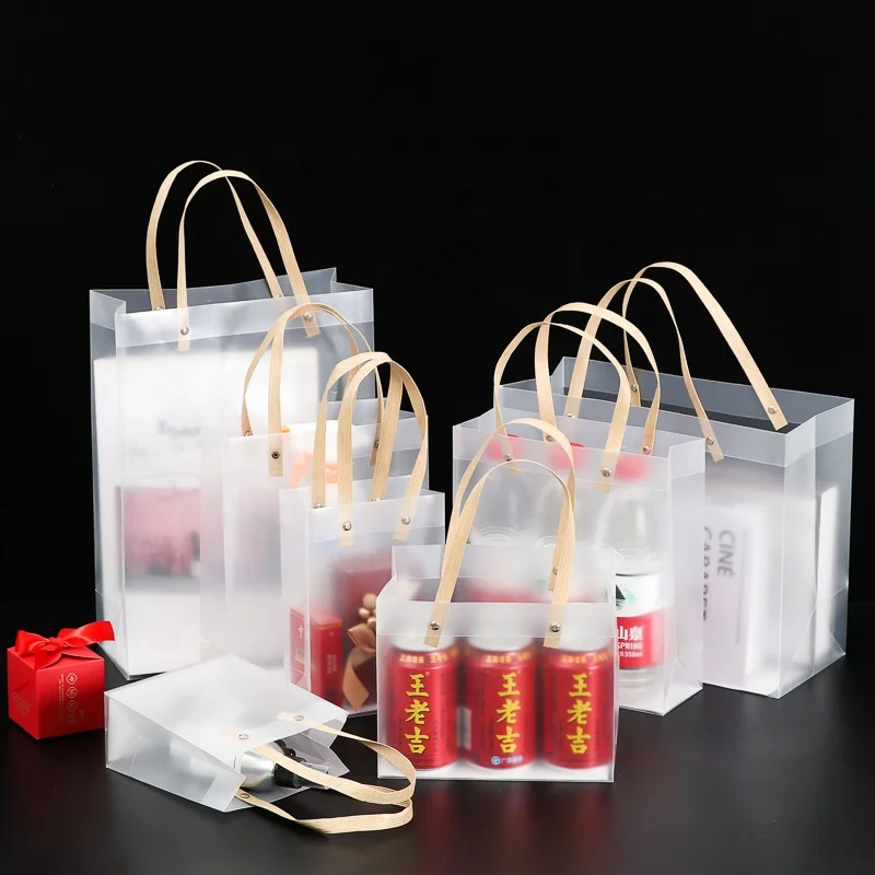 Frosted PP handbag transparent square bottom shopping plastic packaging bag  PVC gift bag customized logo