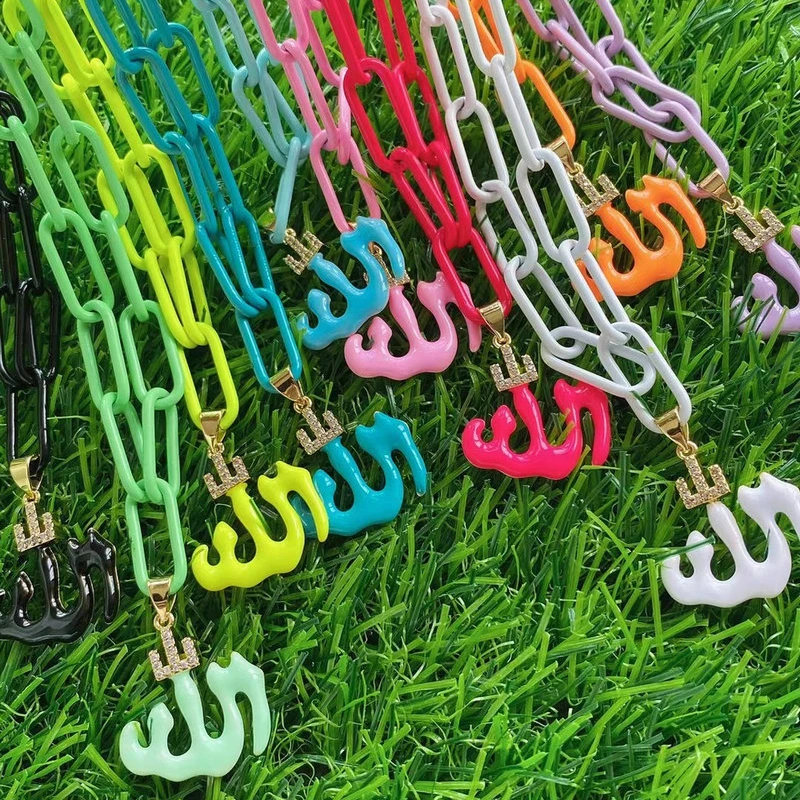 Islam Jewelry Religious Neon Enamel Pendant Allah Ramadan Gold Plated Charms Custom Arabic Name Pendant Necklace For Women Gift
