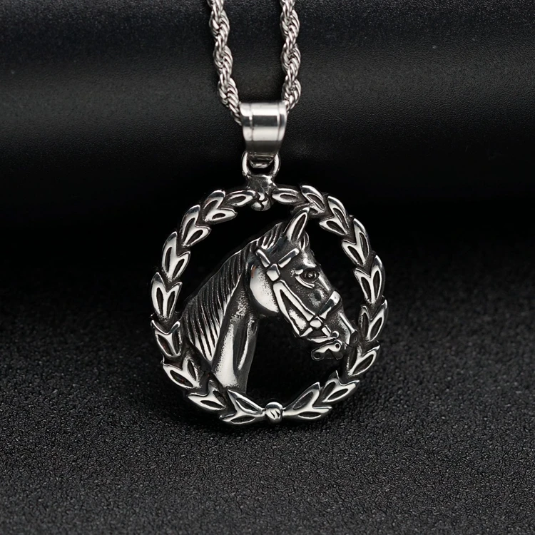 Custom Stainless Steel Animal Design Vintage Fashion Horse Head Olive Leaf Branch Circle Fine Jewelry Pendants for Women Men