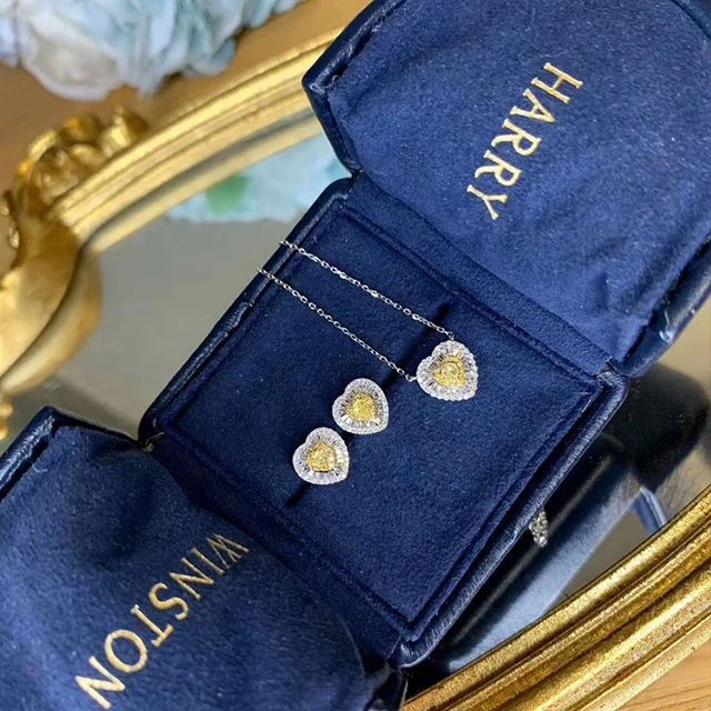 Xinfly Italian 2 in 1 elegant 18K Gold Natural Yellow Diamond Heart color jewelry Necklace and Earring Sets