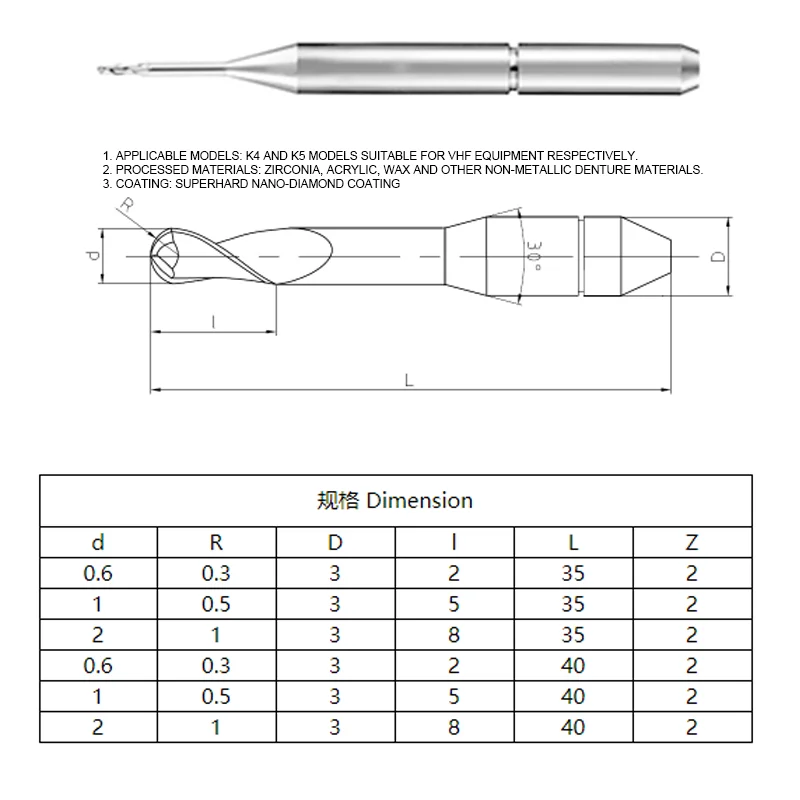  ЧПУ CVD PVD покрытие Dental CAD CAM Bur Концевая