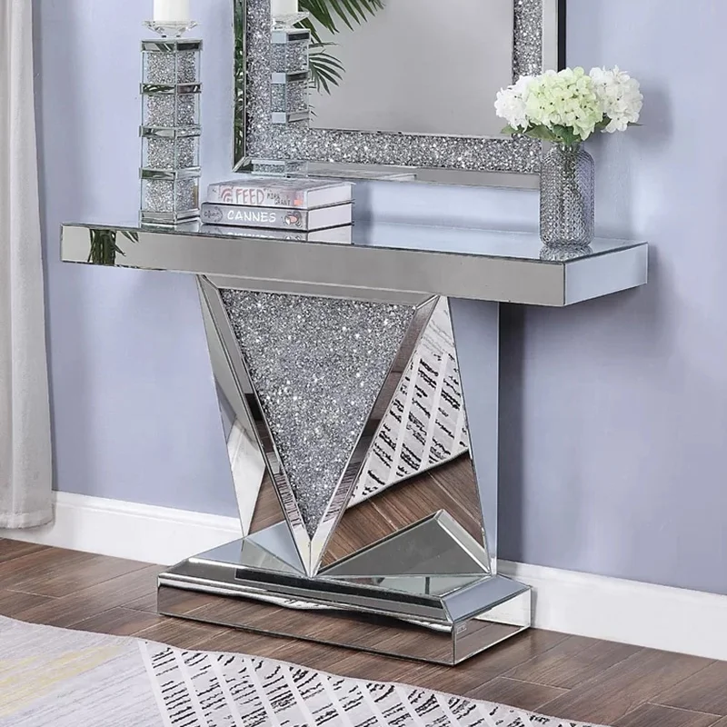 
Luxury sparkling crushed diamond mirrored console table with wall mirror 